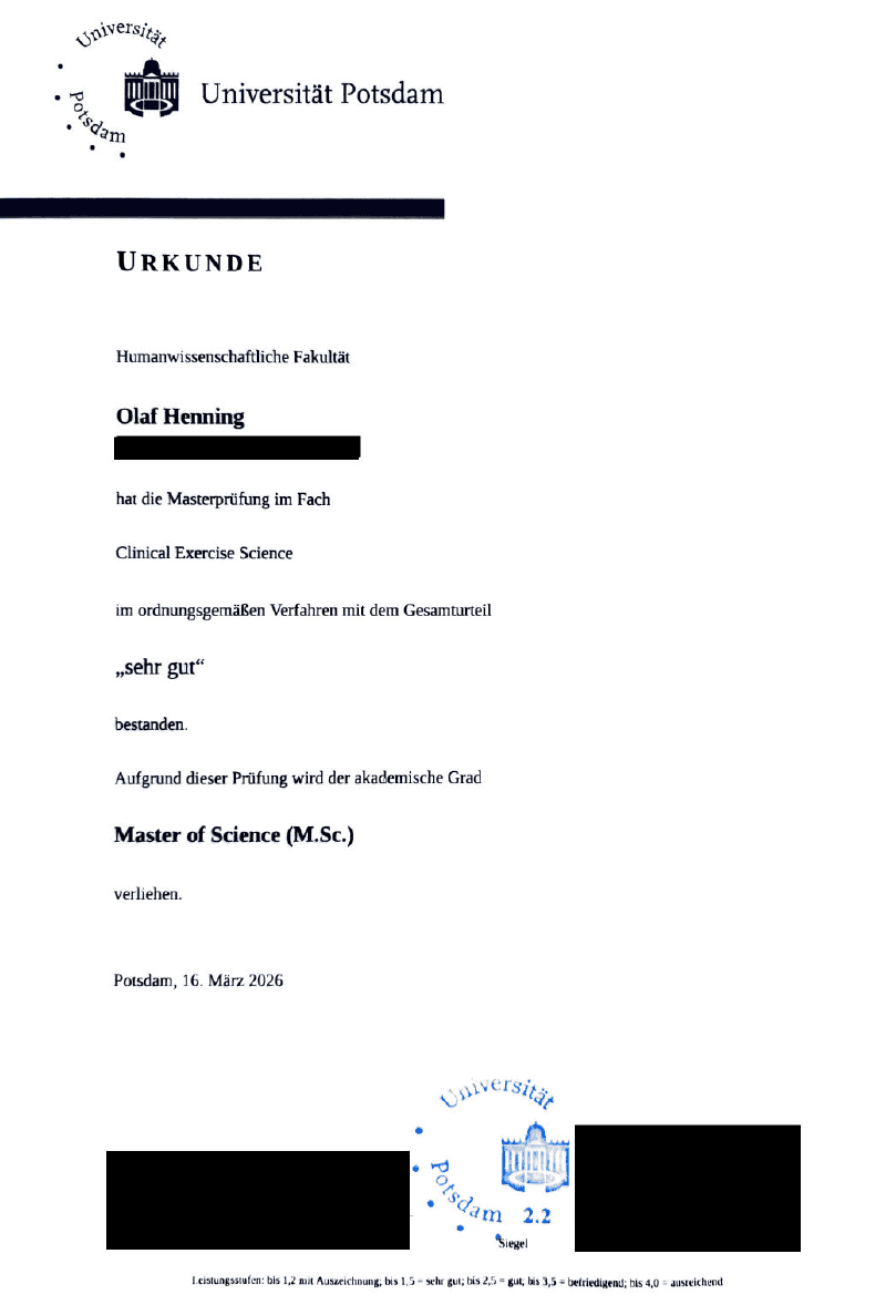 Redigierter Auszug aus dem Nachweis M.Sc. Clinical Exercise Science von Olaf Henning an der Universität Potsdam